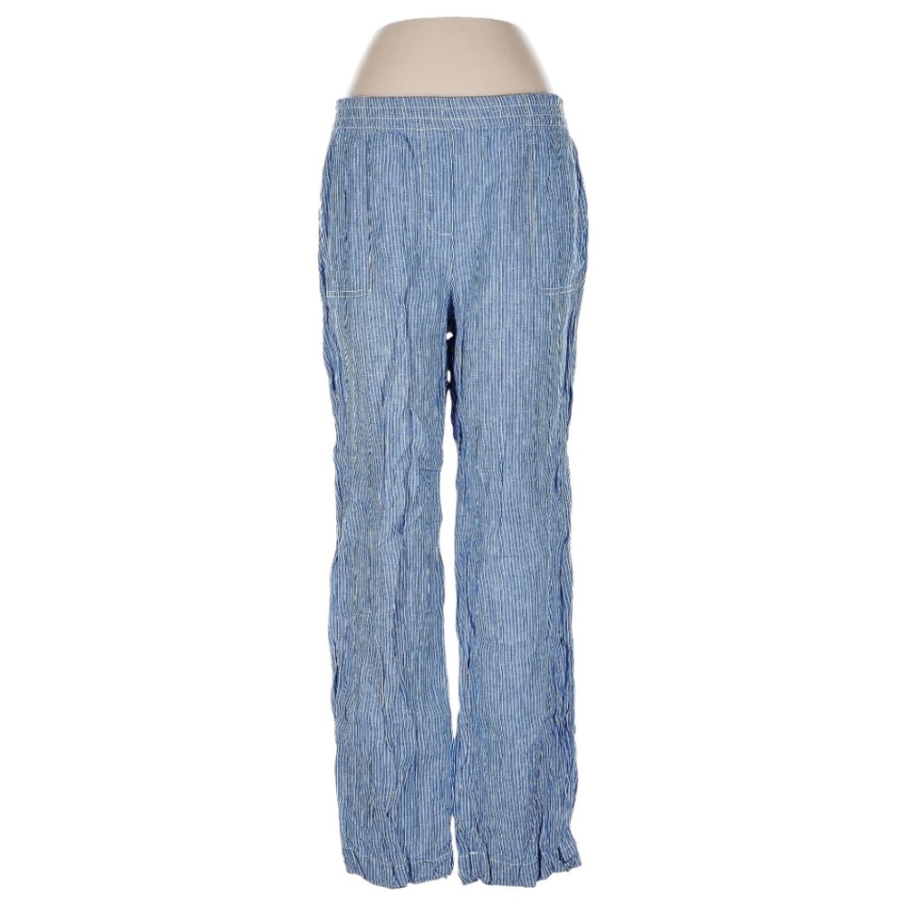 Chico’s 100% Linen Low Rise Wide Leg Beach Stripe Blue Pant with Pockets Size 2